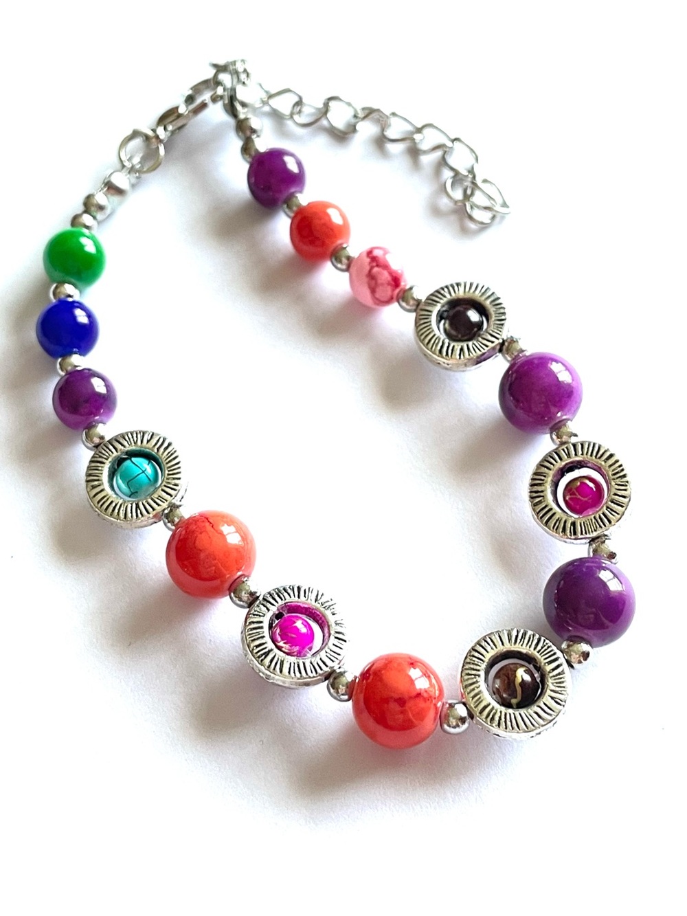 Silver Bracelet Fancy Bright Multi Colored Ceramic Turquoise Purple Pink